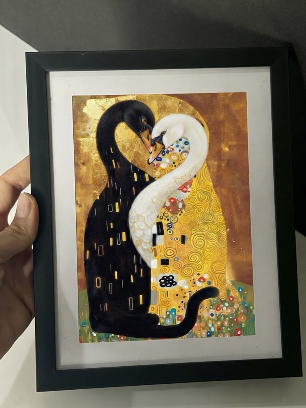 Framed Klimt-Style Framed Print – Black & White Swans Forming a Heart